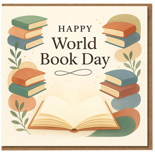 Happy World Book Day Card - Illustrated Stacks of Books with Open Book and Leaves - Greeting Card for Readers, Teachers and Librarians