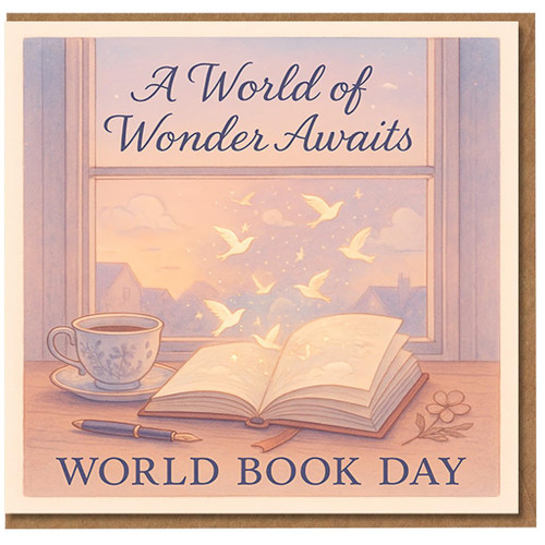 World Book Day Card - 'A World of Wonder Awaits' - Cosy Window Scene with Open Book, Doves and Teacup - For Readers, Teachers and Lovers