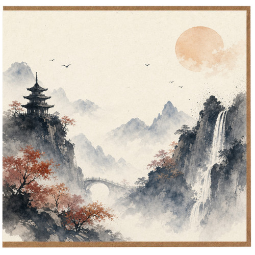 Birthday Card, Oriental Mountain Waterfall Scene Card