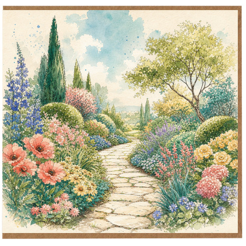Birthday Card, Watercolour Garden Path Floral Design