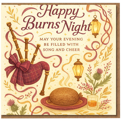 Happy Burns Night Card - Bagpipes, Thistle, Haggis and Whisky Illustration - 'May Your Evening Be Filled with Song and Cheer' - Scottish Celebration Greeting Card