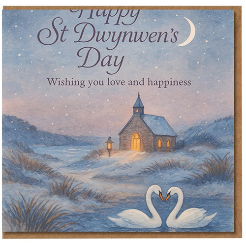 St Dwynwen's Day Card - Romantic Welsh Love Card with Winter Chapel Scene and Two Swans - Happy St Dwynwen's Day, Wishing You Love and Happiness