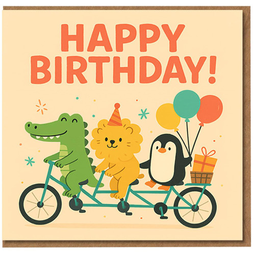 Happy Birthday Card - Cute Crocodile, Lion & Penguin on Tandem Bike with Balloons and Present - Fun Animal Friends Design