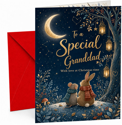 Christmas Card for Granddad, “To a Special Granddad With love at Christmas time” Moonlit Night Sky with Tree Lanterns, Rabbit & Mouse Illustration