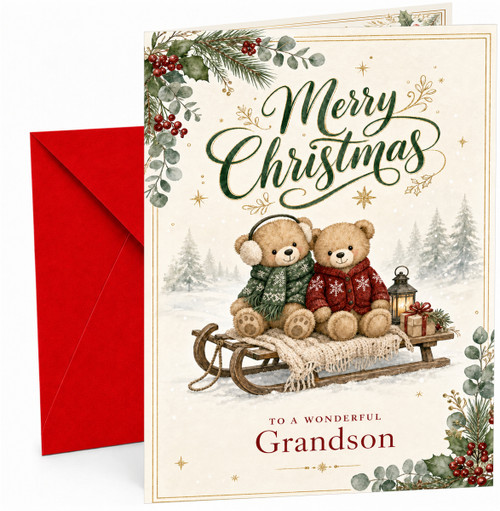 Christmas Card for Grandson, “Merry Christmas” To a Wonderful Grandson, Two Teddy Bears on Wooden Sledge with Lantern & Presents Snowy Forest Scene