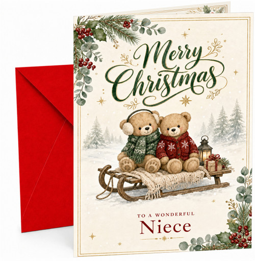 Christmas Card for Niece, “Merry Christmas” To a Wonderful Niece, Cute Teddy Bears on Wooden Sledge with Lantern & Presents Snowy Forest Illustration