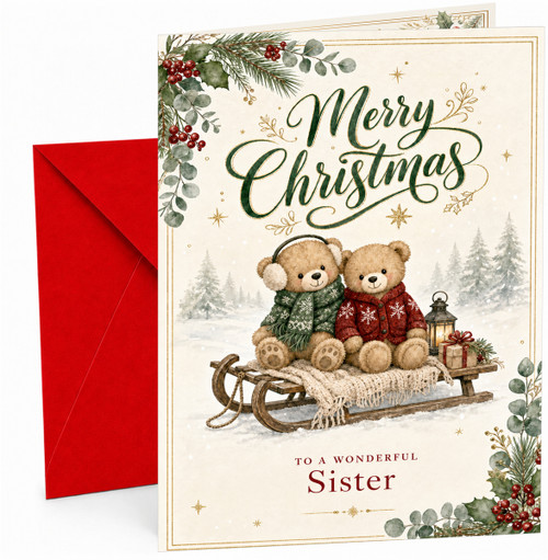 Christmas Card for Sister, “Merry Christmas” To a Wonderful Sister, Two Teddy Bears on Sledge with Lantern & Present Snowy Forest Scene