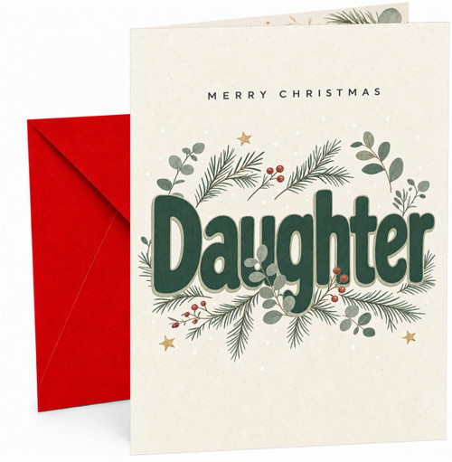 Christmas Card for Daughter, “Merry Christmas Daughter” Green Typography with Winter Foliage, Pine Sprigs, Red Berries and Star Illustration