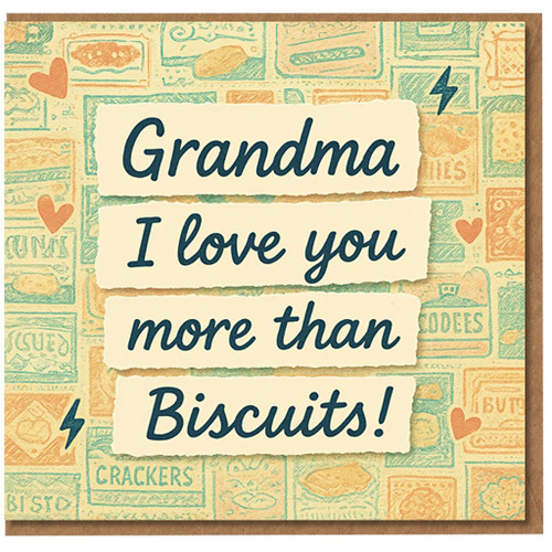 Grandma Birthday Card - I Love You More Than Biscuits - Cute Retro Biscuit Pattern with Hearts, Fun Card for Nan, Granny or Gran