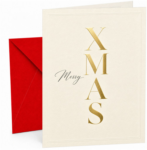 Christmas Card with Merry XMAS Typography, minimalist cream design with large gold-effect lettering and script