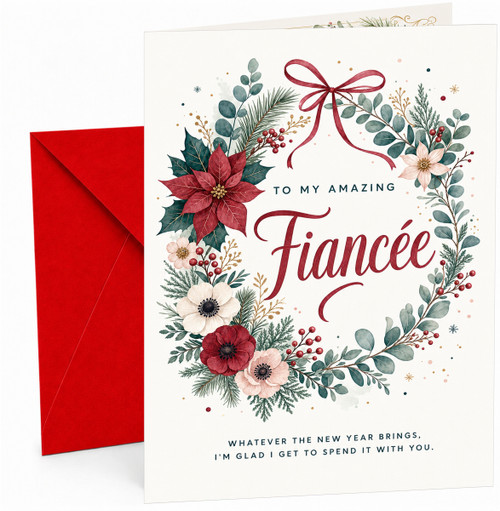 Fiancee Christmas Card Poinsettia Wreath and Red Bow