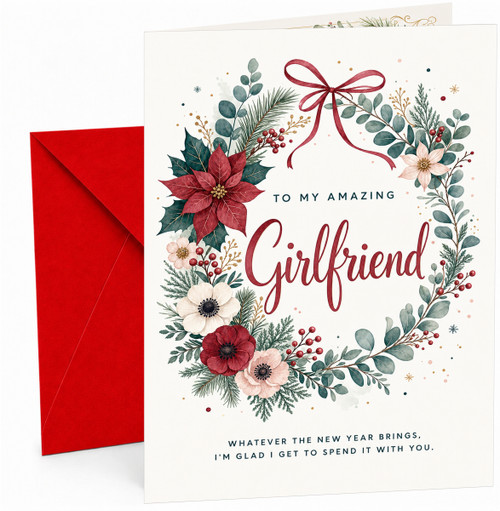Girlfriend Christmas Card, Floral Wreath with Red Ribbon