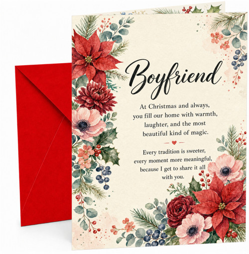Boyfriend Christmas Card Watercolour Poinsettia and Holly