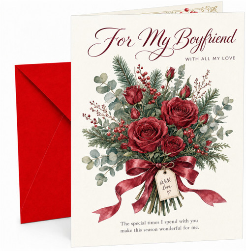 Boyfriend Christmas Card, Red Rose Bouquet and Ribbon