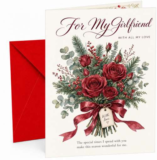 Girlfriend Christmas Card, Red Rose Bouquet and Ribbon