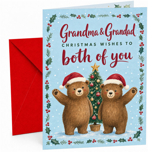 Grandma & Grandad Christmas Card, Cute Bears by Tree