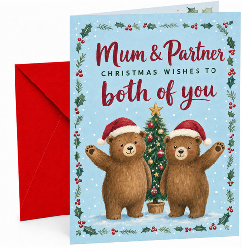 Mum & Partner Christmas Card, Cute Bears in Santa Hats