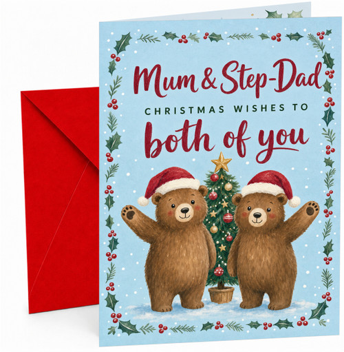 Mum & Step-Dad Christmas Card Cute Bears by Tree