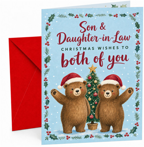 Son & Daughter-in-Law Christmas Card Bears by Tree & Holly