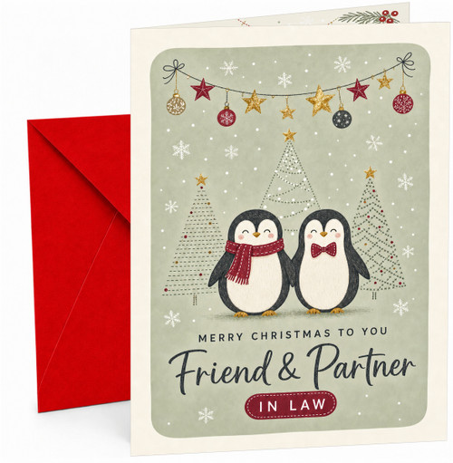 Friend & Partner Christmas Card In Law, Cute Penguins & Trees