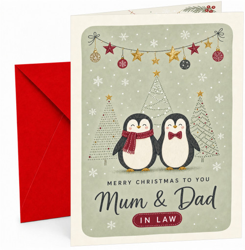 Mum & Dad Christmas Card, Penguin Couple and Star Garlands