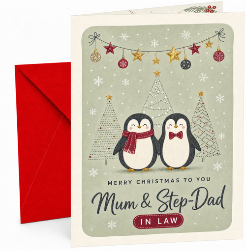 Mum & Step-Dad Christmas Card, Cute Penguins & Trees