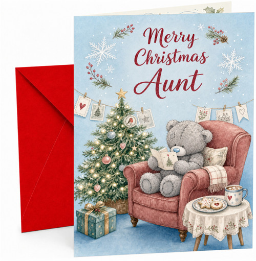 Aunt Christmas Card, Teddy Bear in Armchair by Tree