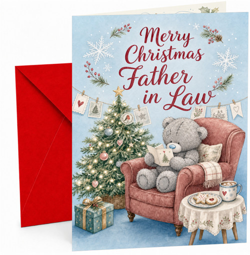 Father-in-Law Christmas Card, Teddy Bear in Armchair Tree