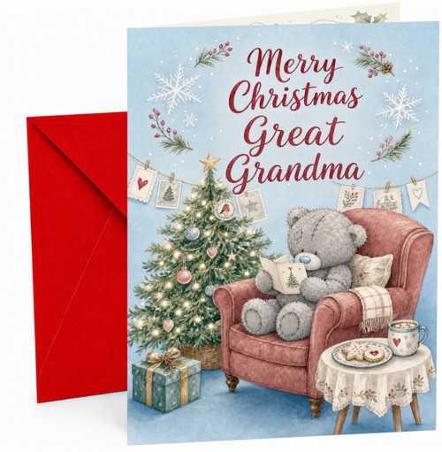 Great Grandma Christmas Card, Teddy Bear by Tree Scene