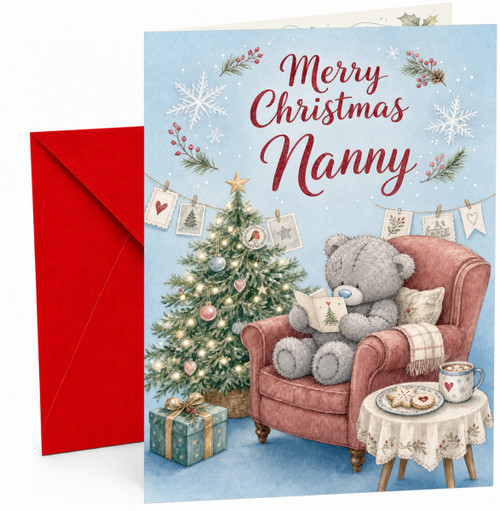 Nanny Christmas Card, Teddy Bear in Armchair by Tree