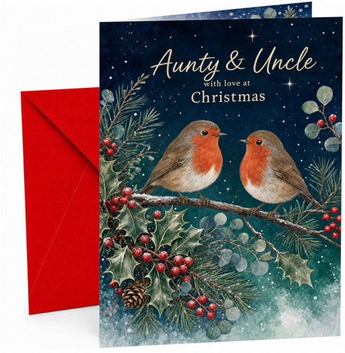Aunty & Uncle Christmas Card with Robins and Holly