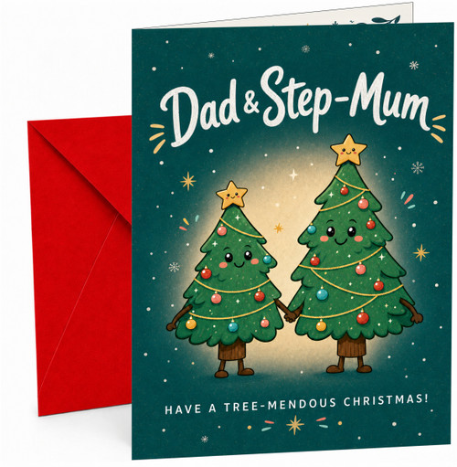 Dad & Step-Mum Christmas Card, Cute Holding Hands Trees