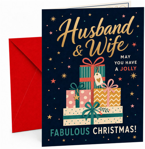 Husband & Wife Christmas Card, Stacked Presents on Navy
