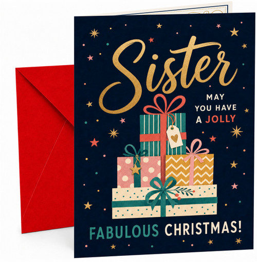 Sister Christmas Card, Stacked Presents and Stars