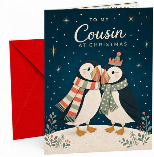Cousin Christmas Card with Cute Penguins in Scarves