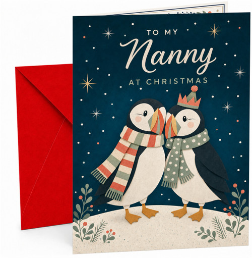 Nanny Christmas Card Cute Penguins Hugging Under Stars
