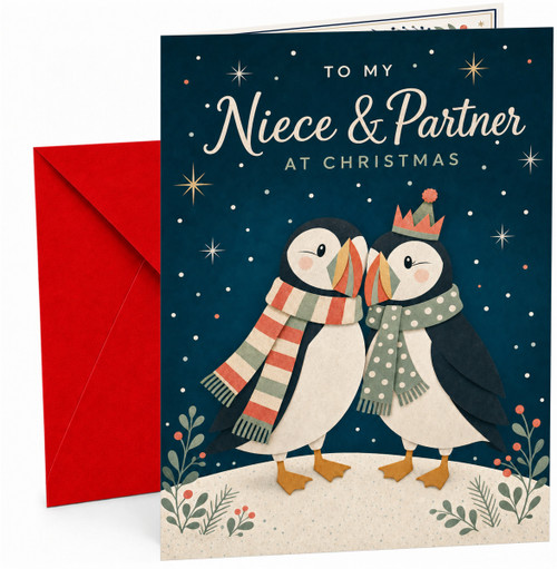Niece & Partner Christmas Card, Cute Penguins in Scarves