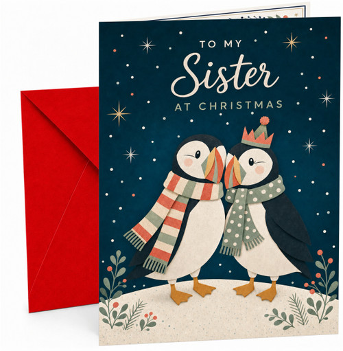 Sister Christmas Card with Cute Penguins in Scarves