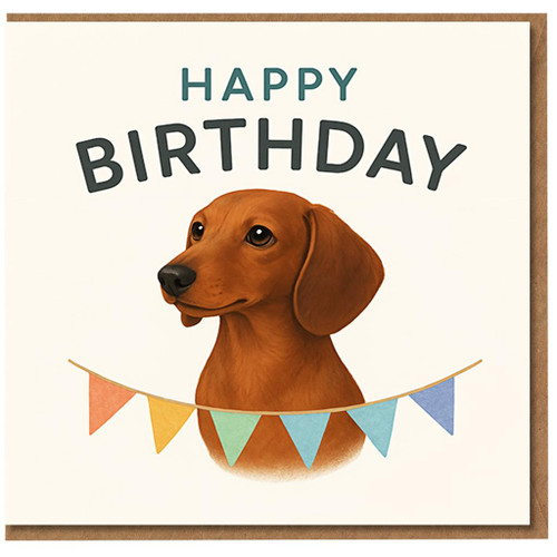 Cute Dachshund Birthday Card - Sausage Dog Illustration with Colourful Bunting - Happy Birthday Card for Dog Lovers, Friends & Family