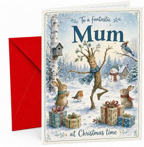 Mum Christmas Card, Winter Woodland Animals and Snowman