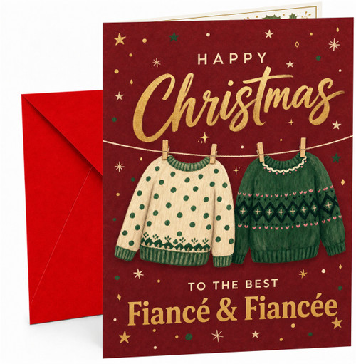 Fiancé & Fiancée Christmas Card, Hanging Christmas Jumpers