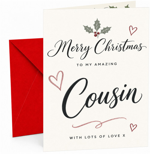 Cousin Christmas Card, Script Typography with Holly and Hearts