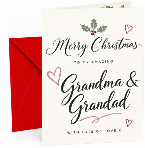 Grandma & Grandad Christmas Card, Holly and Heart Border