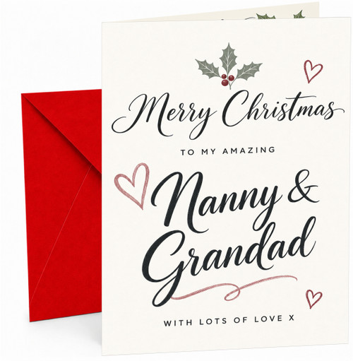 Nanny & Grandad Christmas Card, Holly Berries and Hearts