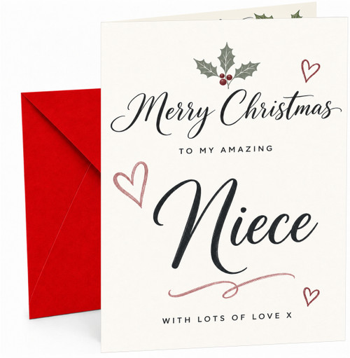 Niece Christmas Card with Holly and Handwritten Hearts