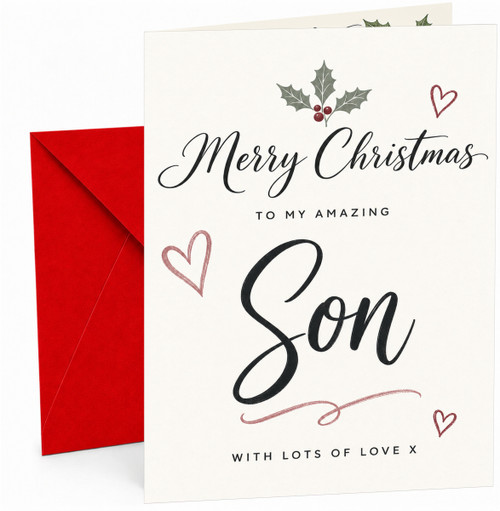 Son Christmas Card, Holly and Hearts Calligraphy