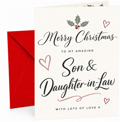 Son & Daughter-in-Law Christmas Card Holly & Hearts Script