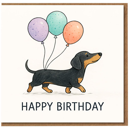 Cute Dachshund Birthday Card - Sausage Dog with Colourful Balloons and Happy Birthday Text - For Dog Lovers, Friends and Family