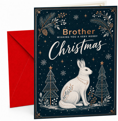 Brother Christmas Card, Winter Hare and Trees on Navy Night Sky
