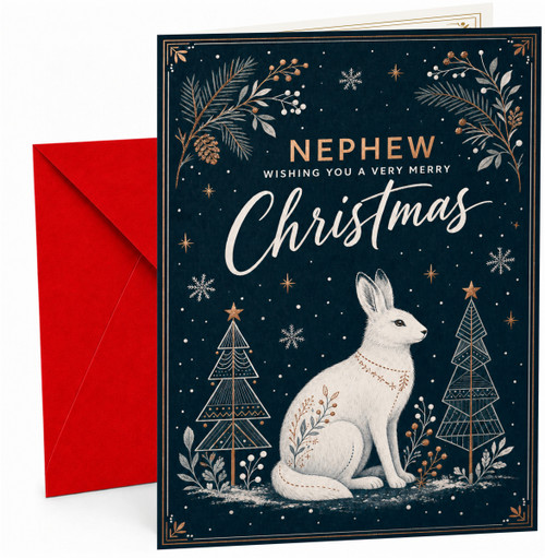Nephew Christmas Card with Winter Hare and Trees